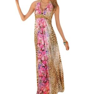 Boston Proper Women’s Size 2 Animal Leopard Snake Floral Halter Maxi Dress